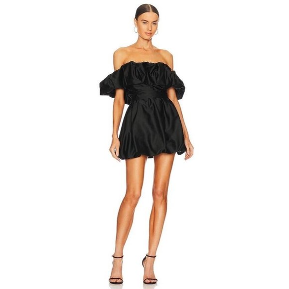 SIMKHAI Astoria Off Shoulder Mini Dress Black Satin - Picture 1 of 4